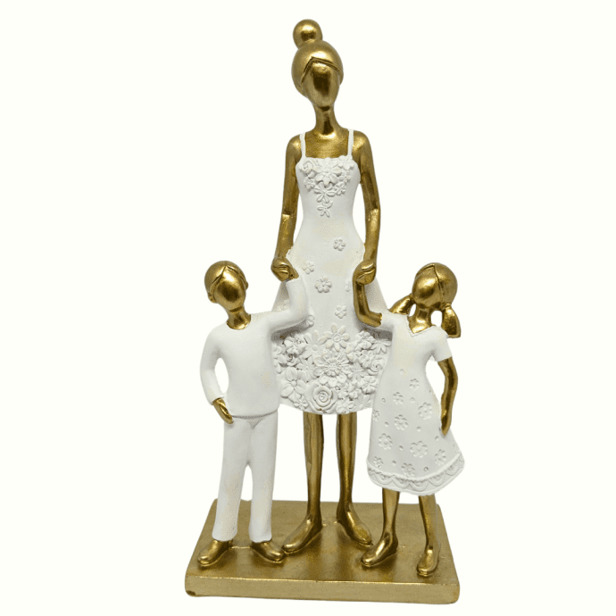 Estatueta Mamãe com casal de Filhos – Dourado e Branco